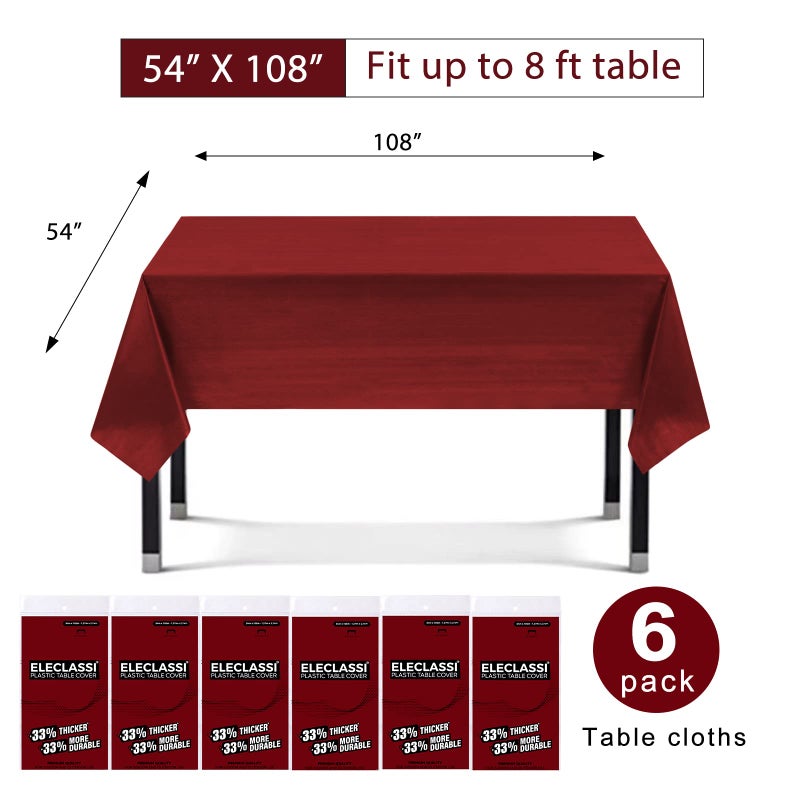 Eleclassi Burgundy 6 Pack Premium Disposable Plastic Tablecloth 54 x 108 in - Plastic Table Cloth Disposable Tablecloth for Rectangle Table Up to 8 Feet - Image 2